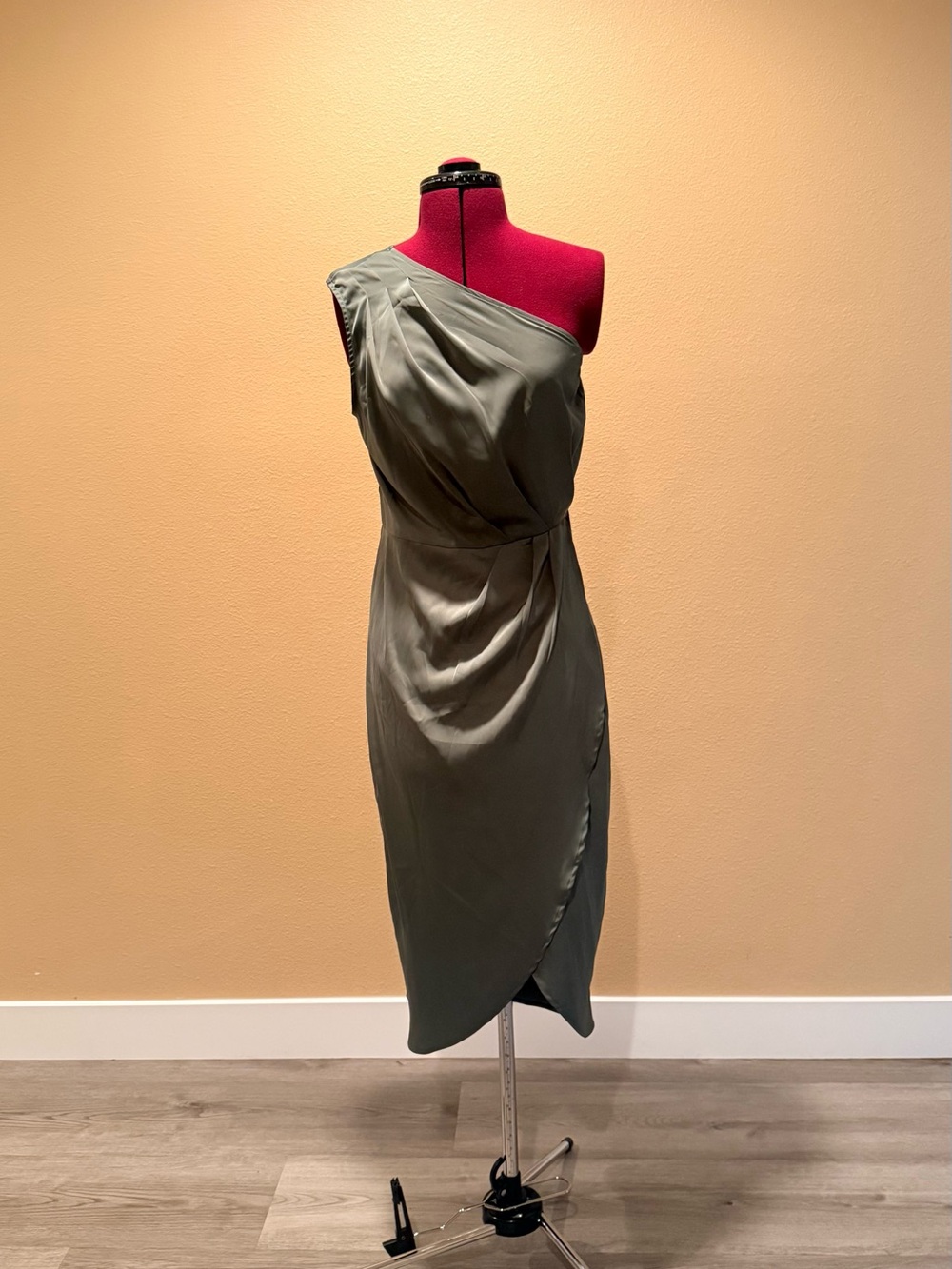 One-Shoulder Olive Green Draped Cocktail Dress